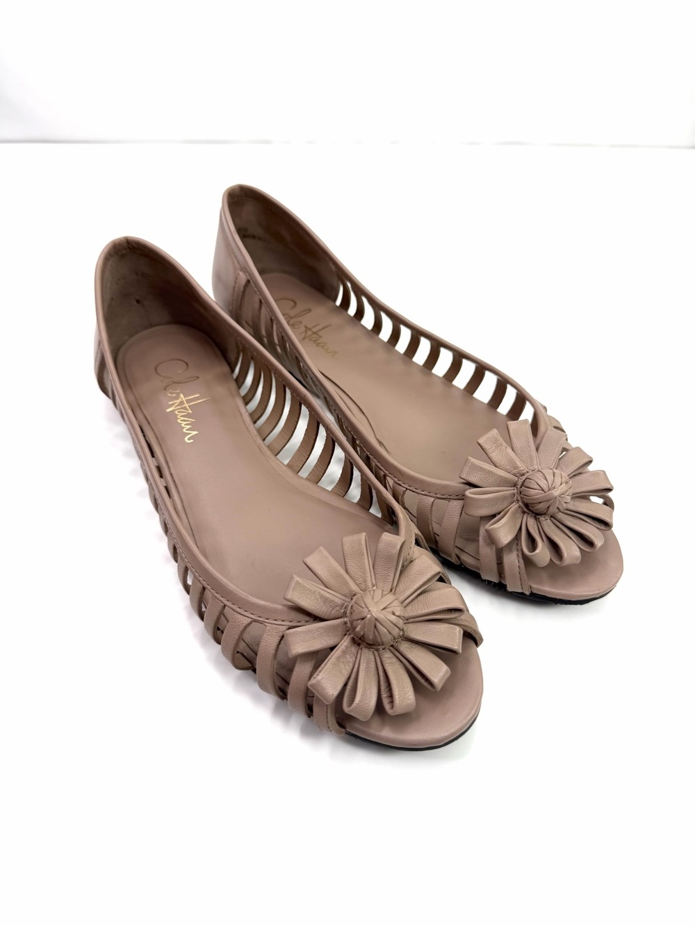 Cole Haan Tan Cutout Peep Toe Flower Leather Ballet Flats